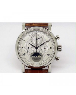 Replica Patek Philippe Moonphase Chronograph Stainless Steel White Dial Lemania