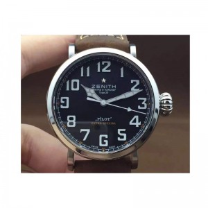 Replica Zenith Pilot Extra Special SS/LE Black Dial on Leather Strap